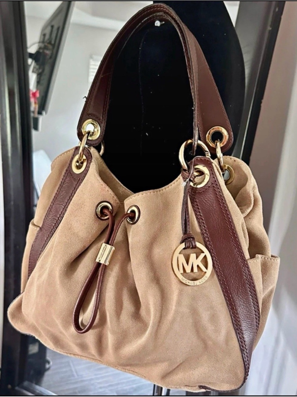 Michael Kors Beige Suede Hobo with Brown Leather Trim and Gold Hardware